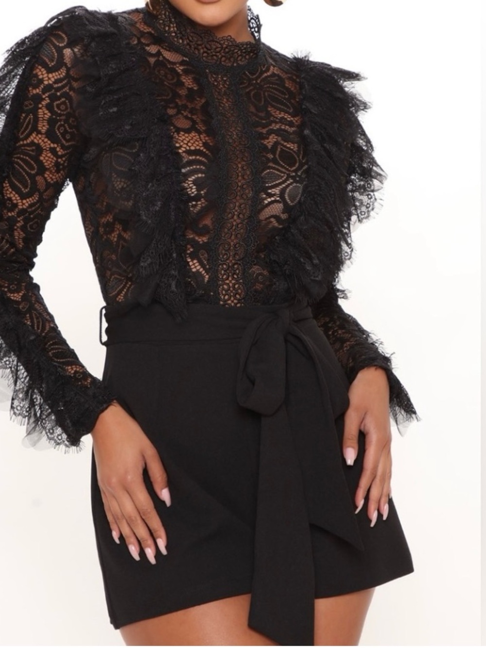 Fashion Nova Black Lace Long Sleeve Romper with Tie Waist
